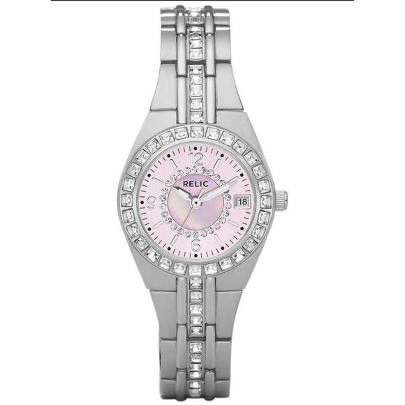 NIB~RELIC BY FOSSIL Queen's Court Pink MOP & Crystal 3-Hand Women's Watch - Picture 3 of 5